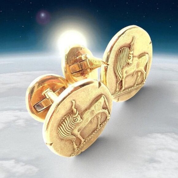 Vintage! Van Cleef & Arpels G. L'Enfant 18k Yellow Gold Zodiac Taurus Cufflinks - Picture 2 of 16